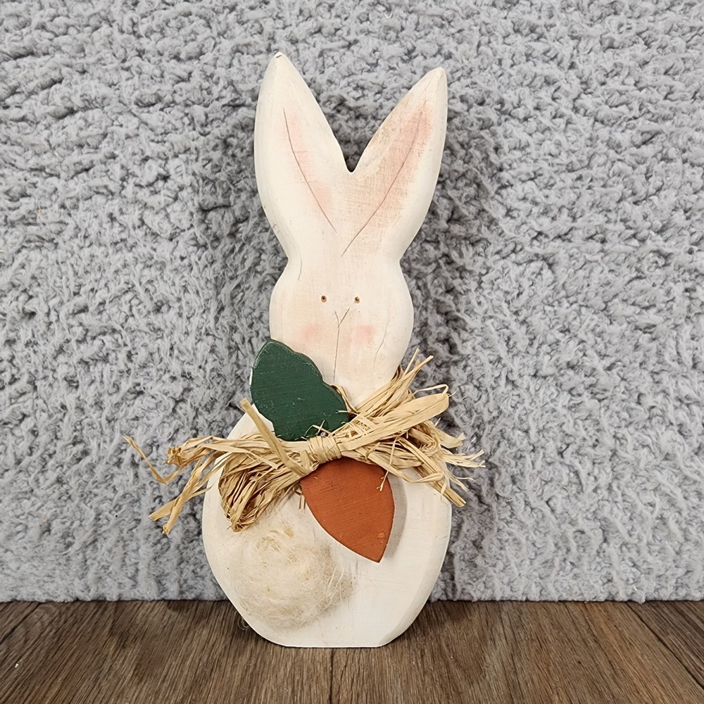 Vintage Wood Bunny Figurine Easter Rabbit Carrot Raffia Farmhouse Folk Art 7"